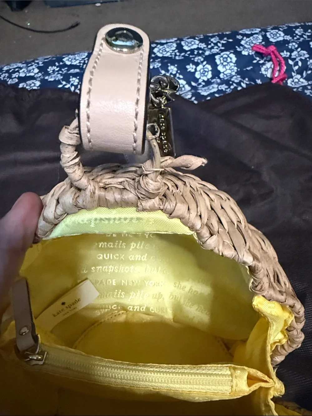 kate spade Natural Straw Bee-Embellished Clutch with Black Script